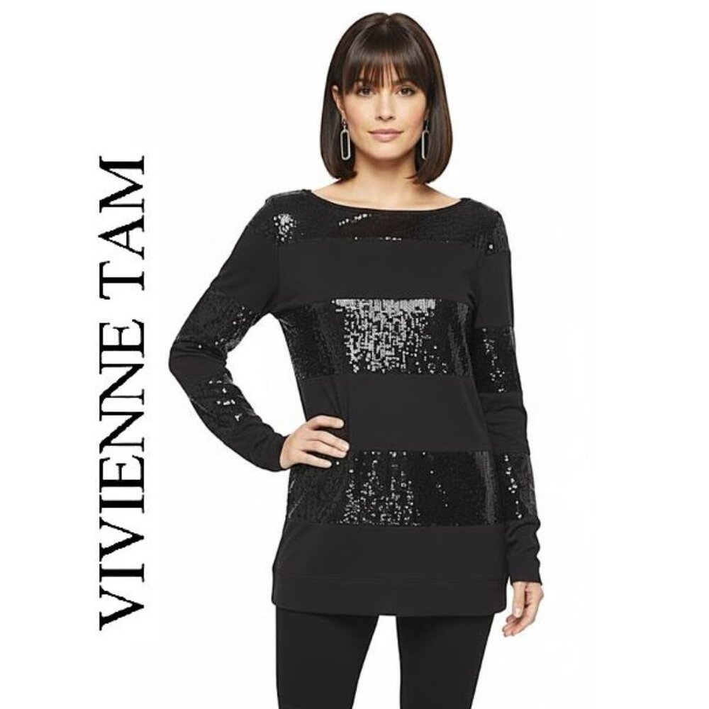 (3 for $30) VIVIENNE TAM, Long sleeve black striped sequin top